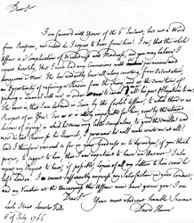 Lettre écrite par David Hume à Richard Davenport faisant référence aux grandes difficultés de sa relation avec Jean-Jacques Rousseau, au refus de Rousseau d