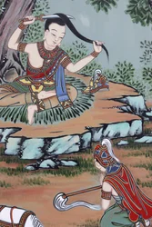 Vie de Bouddha. Loin du palais, le prince Siddartha échange ses vêtements fins contre des haillons et coupe ses longs cheveux