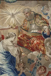 Vie de la Vierge : « Couronnement de la Vierge » Détail représentant Dieu et la colombe du Saint-Esprit au-dessus de la Vierge - Tapisserie de laine et de soie réalisée dans l