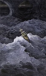 Littérature : Bateau au milieu de la mer. Illustration du roman de Samuel Taylor Coleridge (1772-1834) "Rime of the Ancient Mariner". Gravure en couleur d