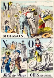 M N O : Moisson, Noce de village, Oies aux champs - "Alphabet de la ferme" fin du 19e siècle (gravure)