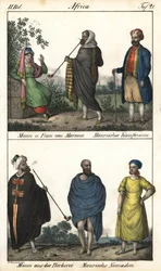 Homme et femme du Maroc, en haut un marchand maure et un couple de Marocains, un marchand maure, et en bas un homme berbère en manteau et un couple de nomades maures. Lithographie pour le livre « Galerie complète en tableaux fidèles des peuples d
