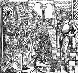 Mohammed à la cour, gravure allemande, tirée de la Chronique de Nuremberg (Liber Chronicarum) par Hartmann Schedel