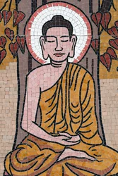 Pagode bouddhiste Ong Nui, fresque murale, La vie du Bouddha, Bouddha Shakyamuni assis en méditation sous l