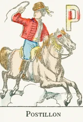 P : Postillon, un jeune cavalier en costume de cosaque - Gravure extraite de « Alphabet des jeux », vers 1890