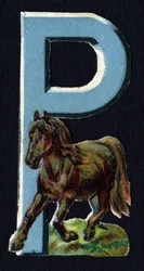 P comme Poney. Découpis de coléoptères sur le thème des animaux. Gravure. Série de 26 chromolithographies gaufrées d