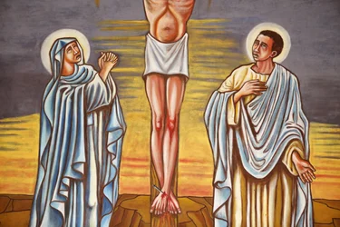 Peinture. La crucifixion de Jésus-Christ. La Vierge Marie et Saint Jean