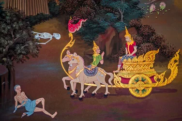 Peintures de scènes de village avec Bouddha en Thaïlande, Wat bang riang, Thub Pat, Phang Nga, Thaïlande, Asie