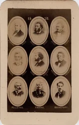Commune de Paris (1871) : portrait de politiciens français du Parti socialiste : de gauche à droite et de haut en bas : Etienne Arago, Jules Ferry, Jules Simon, Jules Favre, Léon Gambetta, Hector Crémieux, Pelletan, Trochu et Rochefort. Impression sur cart