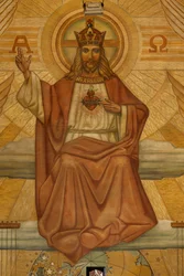 Église paroissiale (Heilig-Hartkerk). Intérieur. Modernisme. Le chœur. Mosaïque. Christ.