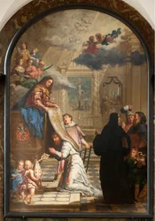 Église paroissiale (Parochiekerk Onze-Lieve-Vrouw). Intérieur. Notre-Dame donnant une chasuble à Saint-Ildefonsus.
