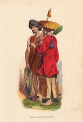 Paysans et soldats cochinchinois (Vietnam) - Hommes du Vietnam (Cochinchine) : soldat avec turban, bouclier et lance, et fermier avec chapeau de paille, tunique et pelle