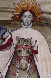 Personne à cheval, détail de la fresque du Château de Manta (15ème siècle), Saluzzo, Piémont, Italie
