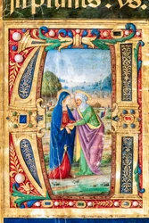 Bibliothèque Piccolomini : livre de chœur, cod. 14.P., ff. 2r avec "la Visitation de Marie et Sainte Élisabeth, par Giovanni di Giuliano Boccardi, dit Boccardino l