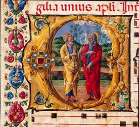 Bibliothèque Piccolomini : livre de chœur, cod. 16.1, ff. 2r avec « Deux Apôtres » (détail)