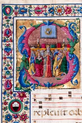 Bibliothèque Piccolomini : livre de chœur, cod. 23.8, ff. 100v avec "La Pentecôte" (détail)
