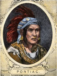 Portrait de Pontiac (ou Obwandiyag, ca. 1714-1769), chef de la tribu indienne des Indiens Outaouais de Détroit (Nation Ottawa). Gravure en couleurs du XIXe siècle.