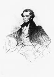 Portrait de Prosper Mérimée (1803-1870), écrivain, dramaturge, historien et archéologue français, gravure de Prosper Mérimée, Ses portraits, ses dessins, sa bibliothèque, par Maurice Tourneux