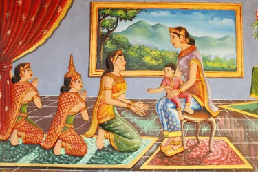 Vie du Bouddha. La mère du Bouddha le présente à son gardien