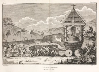 Tirant un chariot portant une idole hindoue, Inde