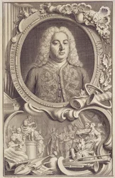 George Frederick Handel (1685-1759), frontispice de "Israel in Egypt", gravé par Jacobus Houbraken (1698-1780)