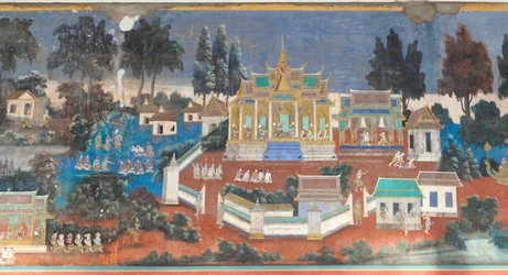 Fresques du Reamker ornant les murs du complexe du palais royal à Phnom Penh, Cambodge