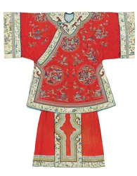 Robe informelle et jupe tablier pour dame à fond rouge, 19ème-20ème siècle