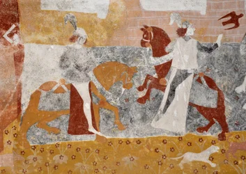 Art roman : Fresques de la chapelle funéraire Sainte-Catherine de Jouhet, Vienne, Poitou-Charentes, France. La rencontre des trois vivants et des trois morts