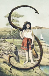 S : Une jeune fille en jupe courte et corsage sans manches tient une mandoline dans sa main gauche. Décor champêtre - Alphabet personnages Ref Th. E., L. Theochrom - Série 994. Theodor Eisman, éditeur, Leipzig