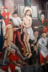 Église catholique Saint-Pierre le Vieux, Christ dans sa Passion, La Flagellation, Peinture par Henri Lutzelman, 15ème siècle, Strasbourg, France. (photo)