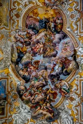 Église San Benedetto (Saint Benoît), Catane, Sicile (Italie). Détail de la fresque du plafond (18ème siècle). (photo)