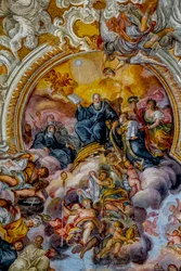 Église San Benedetto (Saint Benoît), Catane, Sicile (Italie). Détail de la fresque du plafond (18ème siècle). Saint Benoît.