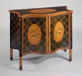 Commode serpentine en marqueterie Sheraton, vers 1790