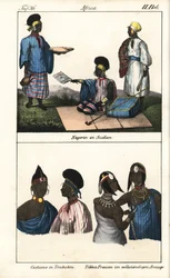 Femmes soudanaises en robe rayée. En dessous, des femmes de Tombouctou (Mali) et des femmes Tibbo du Sahara. Lithographie pour le livre : « Galerie complète en tableaux fidèles des peuples d