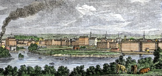 Usines textiles le long des rivières Merrimack et Concord, Lowell, Massachusetts, USA dans les années 1830. Gravure en couleur du XIXe siècle