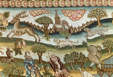 Le tapis de table de Bradford, détail de chiens chassant un cerf, brodé sur toile de lin en soies colorées, anglais, fin du XVIe siècle