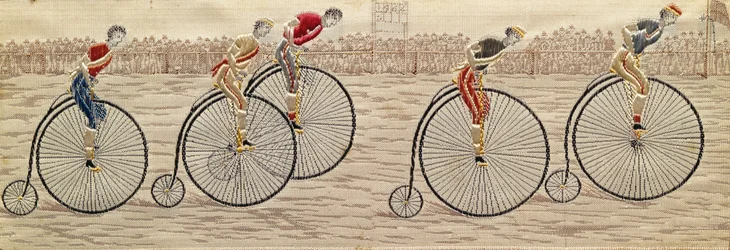 Le Dernier Tour, course de vélocipède en soie tissée Stevengraph, par Thomas Stevens de Coventry