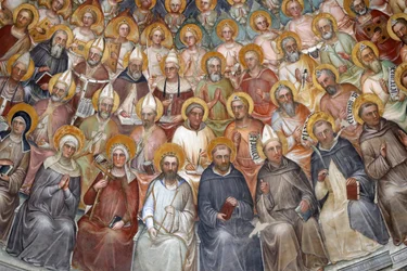 Le Baptistere de Padoue. Fresques du plafond du 14ème siècle par Giusto de Menabuoi. Le Paradis. Christ bénissant avec patriarches, prophètes et saints. Détail. Padoue, Italie.