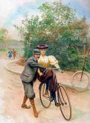 La leçon de bicyclette, début du 20e siècle (impression)