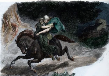 Le chef de guerre de la tribu germanique des Chérusques Arminius (Armenius) (18 av. J.-C.-21 apr. J.-C.) enlevant Thusnelda (Arminius (Hermann) chef des Chérusques germaniques et sa femme Thusnelda) Gravure de « Germania » par Johannes Scherr 1880.