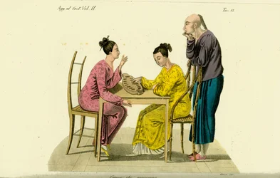 Deux femmes chinoises jouant au jeu de congkak ou tchonka, Timor