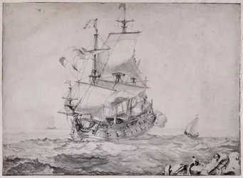 Navires en mer tirant le canon - dessin de Pierre Puget (1620-1694) 17ème siècle