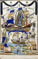 Vierge Marie en tant que Madone en gloire (Notre Dame de Grâce) comme protectrice des marins et des voyageurs. Colombe du Saint-Esprit survolant un navire dans la moitié inférieure. XIXe siècle