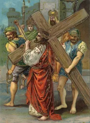Chemin de croix - Via Crucis - Stations du chemin de croix : deuxième station, Jésus porte sa croix. Chromolithographie. Collection privée