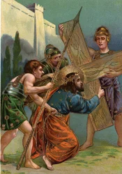 Chemin de Croix - via crucis - Stations du Chemin de Croix : troisième station, Jésus tombe pour la première fois sous le poids de sa croix (Jésus tombe la première fois) Chromolithographie Collection privée