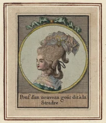 Femme dans un nouveau style de pouf appelé le Stradre. Pouf avec un nouveau goût appelé le Stradre. Gravure en cuivre colorée à la main par un artiste inconnu tirée d