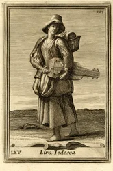 Femme jouant de la vieille (ou "Lira tedesca" ou "ghironda"). Dans "Gabinetto Armonico" par Filippo Bonanni, Rome