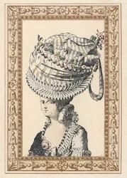Femme portant un énorme chapeau appelé le Bonheur du Siècle. Lithographie colorée à la main par de Laubadère tirée de « Coiffures de Style ou Parure Excentrique de l