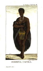 Jeune femme San allaitant un enfant, Afrique du Sud. Elle porte une cape, des colliers et une jupe perlée. De François Le Vaillant