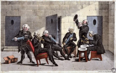 Amateurs jouant une courante, caricature française contre les médecins (tenant des seringues et des pots de chambre comme instruments de musique) et le purgatif au XVIIIe siècle, gravure par Elgelmann, vers 1830